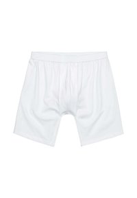 Boxer in cotone bianco con elastico in vita, caratterizzati da una linea dritta e senza modelli o accenti visibili. Texture liscia.
