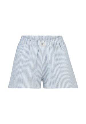 Light blue and white vertical striped cotton shorts with elastic waistband and small brand label at center front.