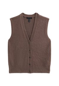 Cardigan sin mangas de color marrón, hecho de una tela suave y texturizada. Presenta un escote en V profundo y seis botones negros en la parte delantera.