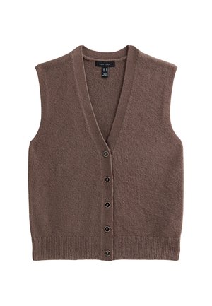 Cardigan sin mangas de color marrón, hecho de una tela suave y texturizada. Presenta un escote en V profundo y seis botones negros en la parte delantera.