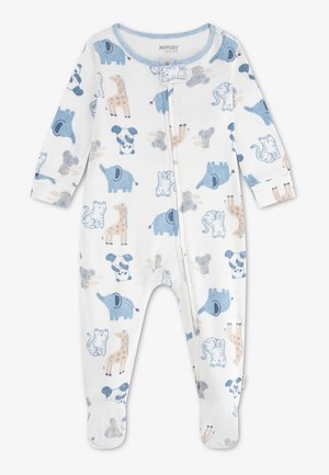 Weißer Babyfuß-Schlafanzug mit blauem Besatz, mit blauen, beigen und grauen Tiermotiven wie Elefanten, Giraffen, Tigern, Pandas und Koalas.