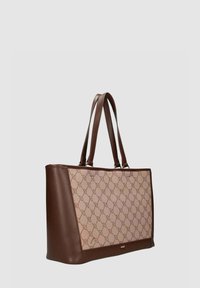 Borsa tote in pelle marrone con fronte beige chiaro a motivo, texture liscia e doppie tracolle. Design geometrico evidente sul tessuto.