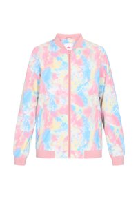 Giacca bomber leggera in tie-dye pastello, con colletto e polsini a coste rosa, chiusura con zip full-length e tasche laterali. Tessuto in poliestere morbido.