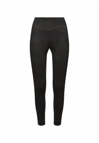 Pantalon noir slim-fit avec un motif à carreaux subtil et une taille haute, conçu pour une coupe près du corps et ajustée.