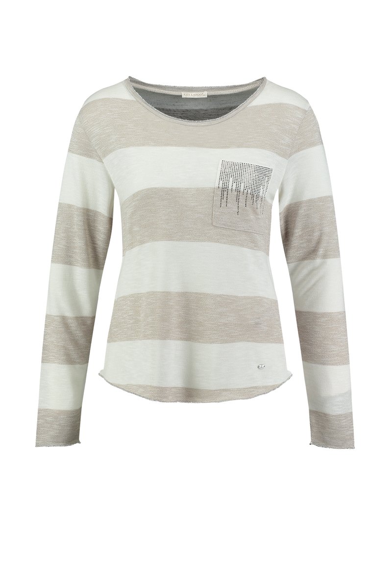 Langärmliges gestreiftes Shirt in Beige und Weiß, mit einer Tasche mit Strassdekoration, rundem Halsausschnitt und einem lässigen Schnitt.
