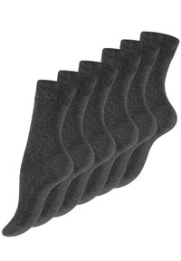 Sechs Paare dunkelgrauer Socken mit einer weichen Textur, in knöchelhohen Design, mit gerippten Bündchen und glatter Oberfläche. Geeignet für den Freizeitgebrauch.