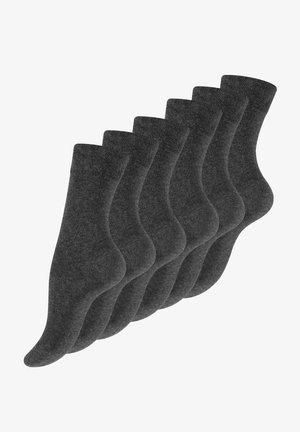 Six pairs of dark gray socks with a soft texture, crew length design, ribbed cuffs, and smooth finish. Suitable for casual wear.