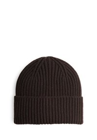 Brown knit beanie with ribbed texture, featuring a folded brim. The design is simple and form-fitting for warmth and comfort.