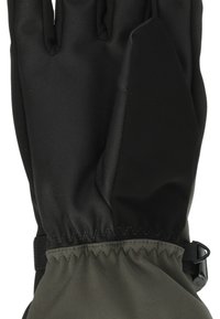 Svarta handskar med en texturerad syntetisk yta på handflatan och fingrarna, med en olivgrön mudd och ett justerbart band.