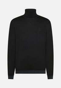 Maglione a collo alto nero con maniche lunghe. Texture morbida, design minimale e colletto e polsini a costine. Vestibilità classica e colore solido.