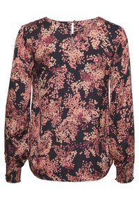 Blouse à fleurs à manches longues, col arrondi et dos à découpe en forme de goutte. Présente un fond bleu marine foncé avec un motif floral rose et bordeaux.