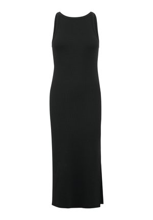 Schwarzes ärmelloses Maxikleid aus weichem Stoff, mit rundem Ausschnitt, seitlichem Schlitz und taillierter Silhouette.