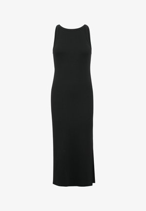Black sleeveless maxi dress made of soft fabric, featuring a round neckline, side slit, and a fitted silhouette.