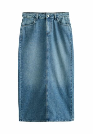 Modrá džínová sukně střední délky s knoflíky a zipem vpředu, poutky na pásek a dvěma předními kapsami, rozložená na bílém pozadí.