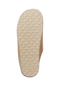 Pantofola di suede marrone con suola in gomma crema, caratterizzata da un motivo testurizzato di forme circolari che assomigliano a alberi, con il numero "38" impressa.