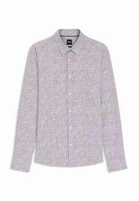 Camicia a maniche lunghe con colletto, caratterizzata da uno sfondo chiaro con un piccolo motivo geometrico in blu navy e bordeaux, con chiusura sul davanti a bottoni.