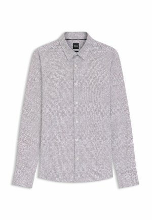 Chemise à manches longues avec un col, présentant un fond clair avec un petit motif géométrique en marine et bordeaux, fermeture à boutons.
