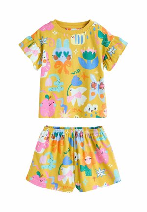 Laste kollane pidžaamakomplekt, millel on värvikirevad multikategelaste loomade, lillede ja kujundite mustrid; lühikeste varrukatega ja elastse vöökohaga.