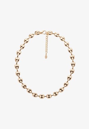 Gold-toned chain necklace with rounded, polished oval links and an adjustable clasp with a small dangling tag.