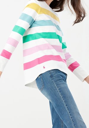 Gestreept shirt met lange mouwen met multicolor horizontale strepen (geel, groen, blauw, roze) op wit, voorzien van een high-low zoom en een klein logodetail.