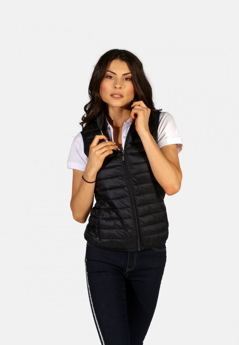 Gilet matelassé noir avec texture quadrillée horizontale, col haut, et fermeture éclair sur le devant, associé à un polo blanc et un jean foncé.