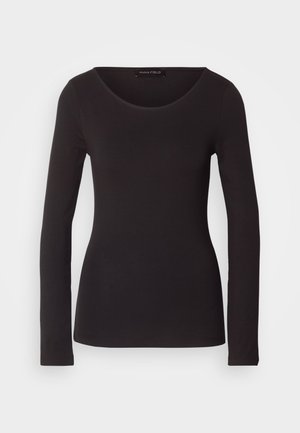 Svart långärmad topp i glat tyg med rund halsringning och figurnära silhuett; har inga mönster eller accenter.