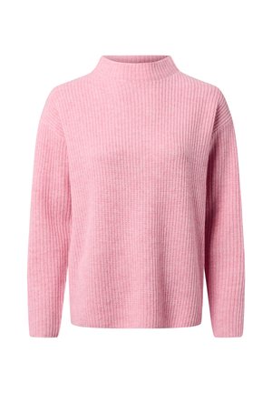 Różowy sweter dziewiarski z wysokim kołnierzem, długimi rękawami i prążkowanym wzorem. Prosty krój z miękkiego, lekkiego materiału.