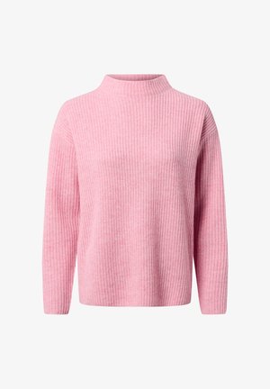 Pull en tricot rose avec un col haut, des manches longues et une texture côtelée. Coupe ample avec un tissu doux et léger.