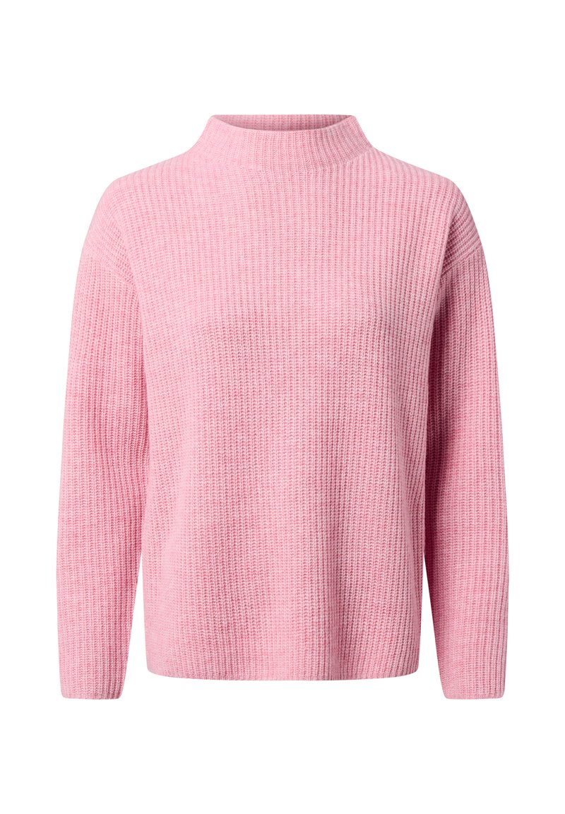 Różowy sweter dziewiarski z wysokim kołnierzem, długimi rękawami i prążkowanym wzorem. Prosty krój z miękkiego, lekkiego materiału.