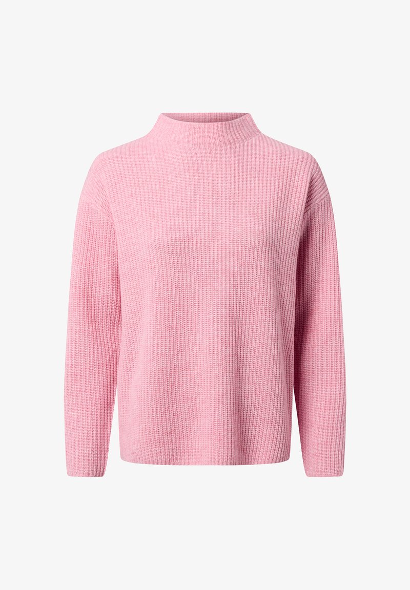 Różowy sweter dziewiarski z wysokim kołnierzem, długimi rękawami i prążkowanym wzorem. Prosty krój z miękkiego, lekkiego materiału.