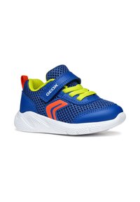 Sneaker in rete blu con lacci e dettagli verde neon, caratterizzata da un tassello posteriore rosso e suola in gomma bianca. Nome del marchio Geox visibile sulla fascetta.