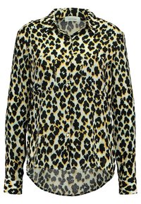 Camisa de manga larga con estampado de leopardo en azul claro, negro y dorado. Cuenta con dos bolsillos frontales y un dobladillo curvado. Textura de tela suave.