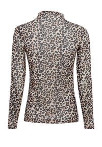 Langärmliges, tailliertes Oberteil aus durchscheinendem Stoff mit einem Leopardenmuster in Schwarz, Braun und Beigetönen. Hoher Kragen.