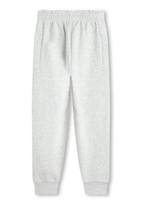 Hellgraue Sweatpants aus weichem, strukturiertem Stoff, mit einem elastischen Bund und Bündchen an den Knöcheln. Enthält zwei Seitentaschen.
