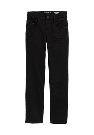 Jeans neri a gamba dritta in denim, con chiusura a bottone e cerniera, due tasche frontali e delicati dettagli di texture.