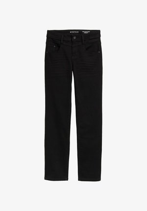 Mustad sirgedega teksased, millel on nööp ja lukuga esiosa, kaks esi-taskut ja peened tekstuurilised detailid.