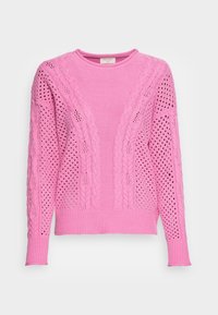 Pink knitted sweater featuring a cable knit design and open weave detailing on sleeves, with a crew neckline and ribbed hem.