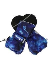 Wasserdichte Fäustlinge mit einem Galaxie-Motiv in Blau- und Lilatönen, ausgestattet mit einem schwarzen Bündchen und einem verstellbaren Riemen für perfekten Sitz.