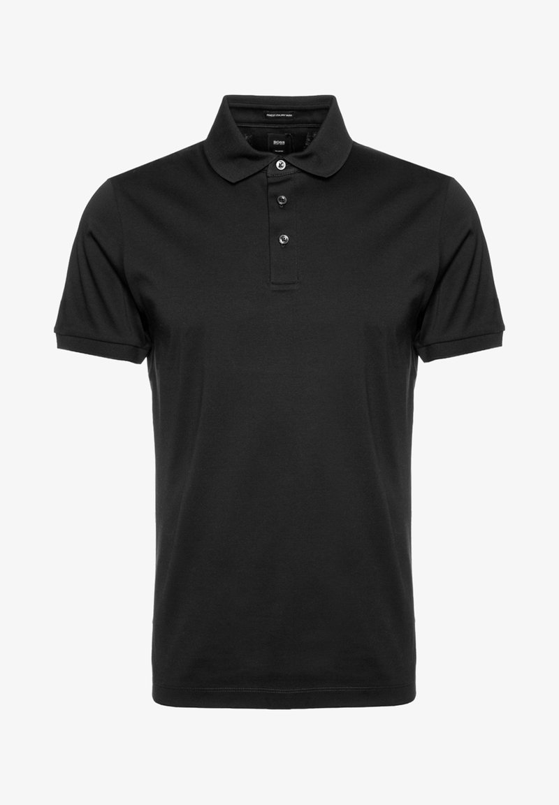 Polo noir à manches courtes avec trois boutons et un col replié, présenté sur un fond blanc uni.