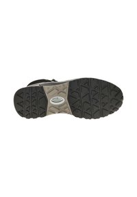 Zool van een zwart en grijs schoen met een driehoekig profiel en het "rollingsoft" logo op de middenzool op een witte achtergrond.