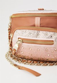 Sac à main beige et rose avec des sequins et des accessoires en or. Comprend un compartiment principal zippé et une poche avant. Sangle en chaîne et en cuir.