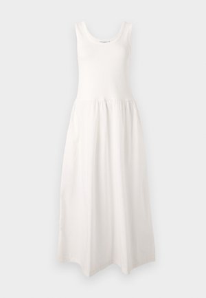 Hvid, ærmeløs maxikjole med rund halsudskæring, tætsiddende overdel og samlet skirt, lavet af blødt, glat stof.