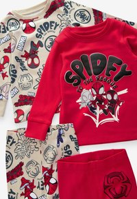 Twee-delige pyjama set voor kinderen met een rode top met een Spider-Man graphic en een beige onderkant met Spider-Man patronen en logo's. Katoenen mengsel.