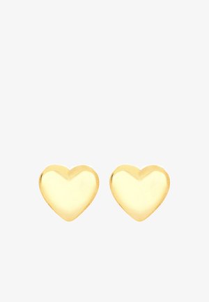 Gouden hartvormige stud oorbellen met een gladde, glanzende oppervlakte en ronde randen. Compact ontwerp, geschikt voor dagelijks gebruik.
