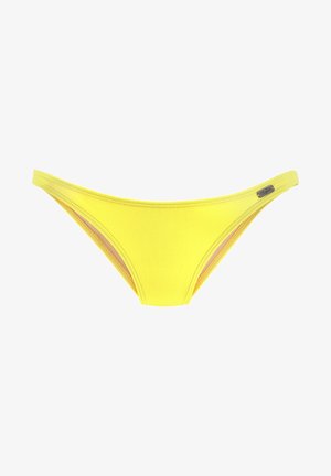 Yellow bikini bottom with a smooth texture, featuring a low-rise cut and narrow side straps. Includes a small metallic brand tag detail.
