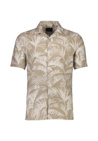Beige shirt met korte mouwen met een witte tropische bladerenprint, standaard kraag en knoopsluiting, gemaakt van een lichte stof.