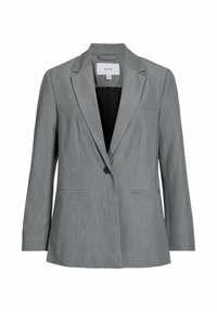 Šedý přizpůsobený blazer s klopou, zapínání na jeden knoflík, dvěma předními kapsami a jemnou vertikální strukturou. Podšitý černým interiérem.