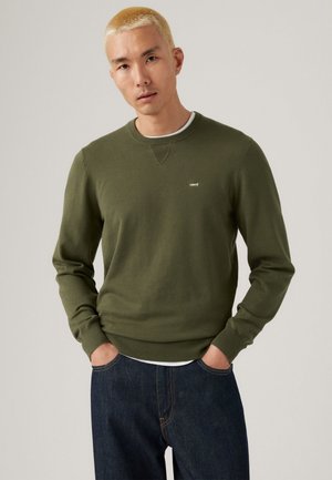 Man met kort blond haar in een olijfgroene Levi's trui en donkerblauwe jeans, staande met zijn handen in zijn zakken tegen een effen achtergrond.