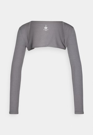 Top crop gris de manga larga hecho de tela suave, con escote cuadrado y detalle de logo en el frente.