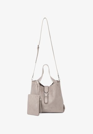 Borsa a secchiello in pelle beige con fibbia frontale, tracolla lunga regolabile, due manici corti e pochette coordinata con zip staccabile.